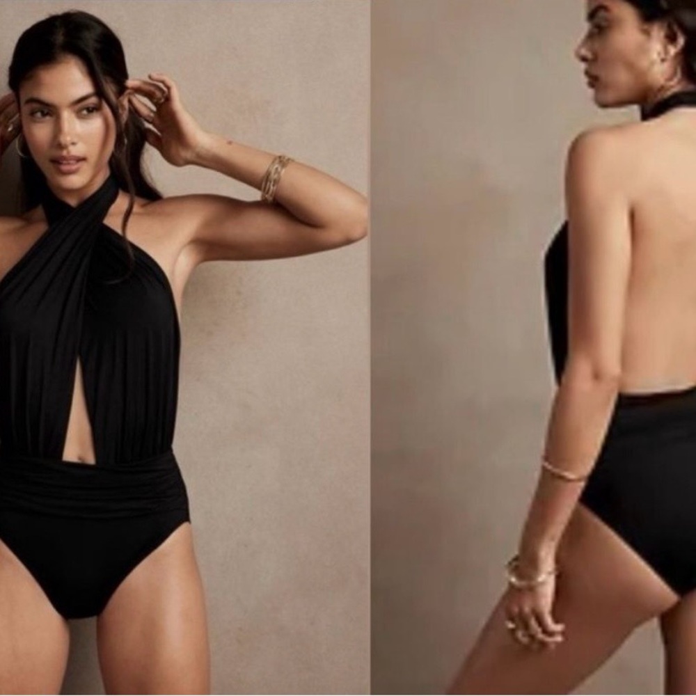 Banana Republic Elegant Black Halter One-Piece. Tailored for a higher more show